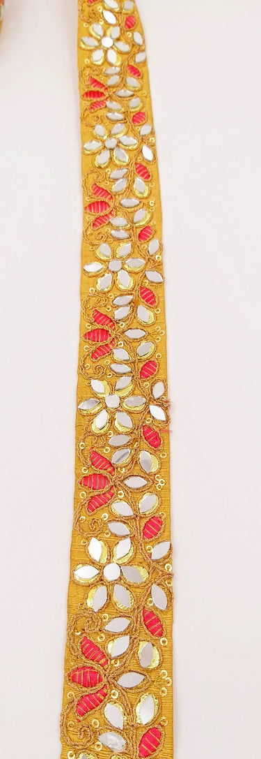 Beige Decorative Art Silk Fabric Trim, Mirrored Floral Embroidery, Embroidered Trim In Salmon Pink and Gold Approx. 40 mm Indian Laces